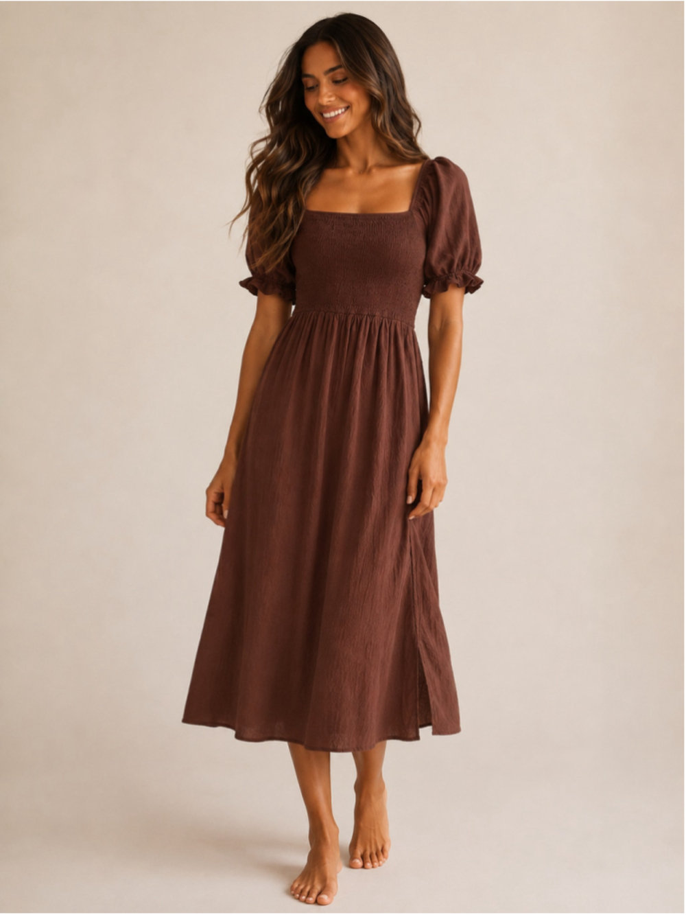 SHEIN Brown Smocked Midi Dress Cottagecore Romantic Boho Milk Maid Prairie Earth